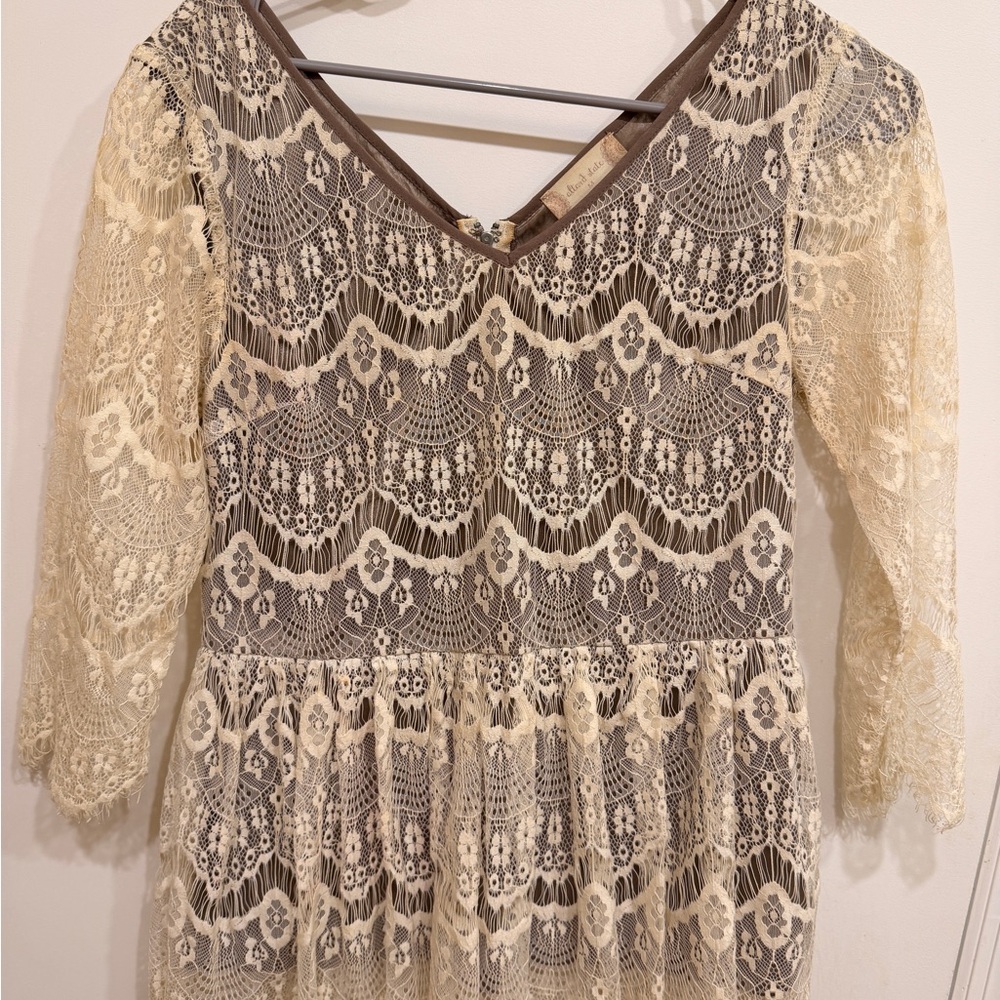 Altar'd State Cream Lace V-Neck Blouse with Taupe Lining